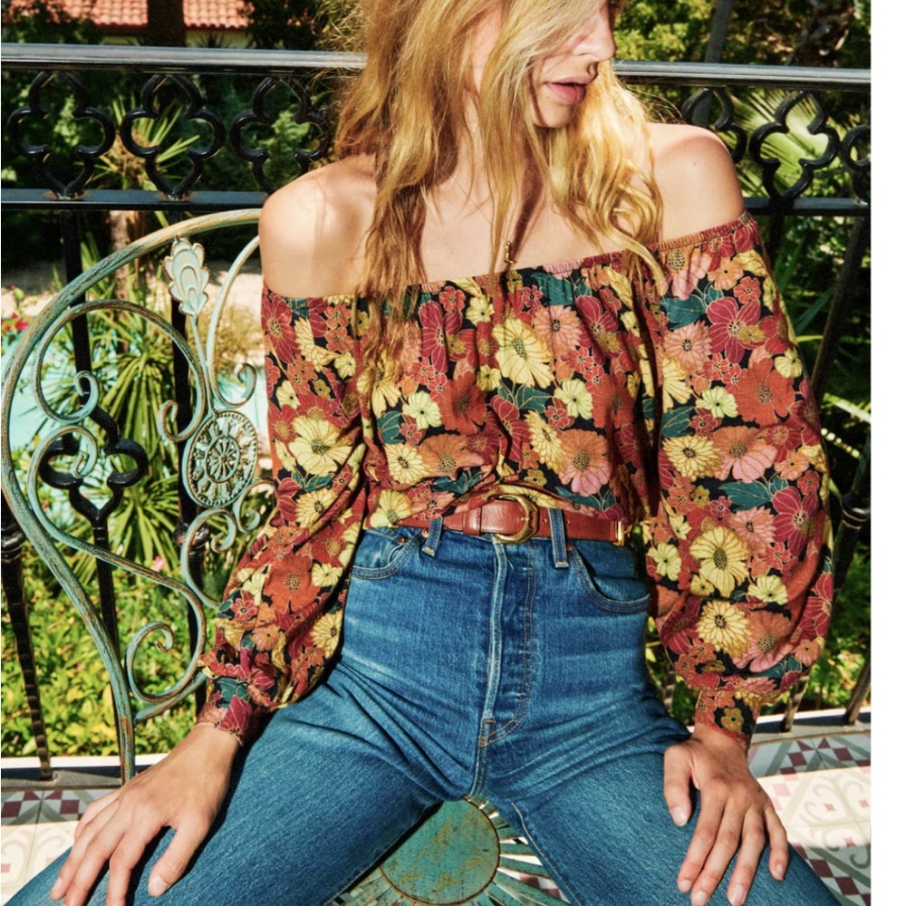 Nation LTD Hope Fancy Tee L Floral Peasant Blouse Balloon Sleeve Boho Top